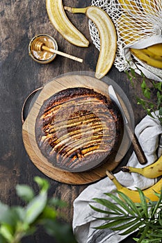 Upside down banana cake with caramel sauce