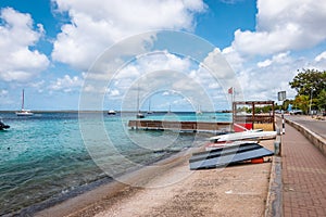 Upside-down boats on the quay in Kralendijk, Bonaire Island.