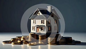 Upside Down House Model Balancing on Coin Stack. Economy Concept. Generated Image