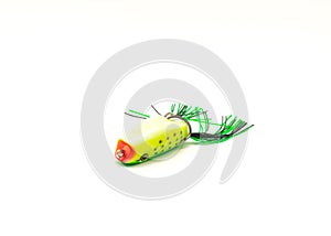 Upside down view topwater frog lure bait for freshwater bass fishing isolated on white background