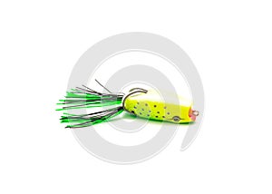 Upside down view topwater frog lure bait for freshwater bass fishing isolated on white background