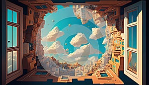 upside down world, digital art illustration, Generative AI