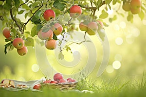 upsidedown apple tree with fruit hanging towards the ground, picnic below