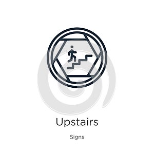 Upstairs icon. Thin linear upstairs outline icon isolated on white background from signs collection. Line vector sign, symbol for