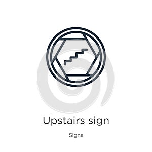 Upstairs sign icon. Thin linear upstairs sign outline icon isolated on white background from signs collection. Line vector sign,