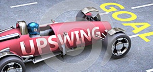 Upswing helps reaching goals, pictured as a race car with a phrase Upswing as a metaphor of Upswing playing important role in photo