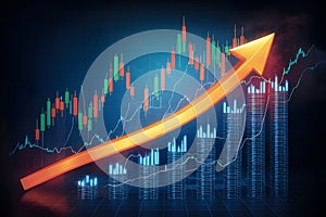 Uptrend arrow enhances financial stats, candlesticks depict economy photo