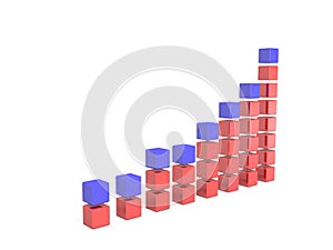 Uptrend bar chart made of building blocks. Abstract concept representing growth and increase. red and blue. 3D rendering. white