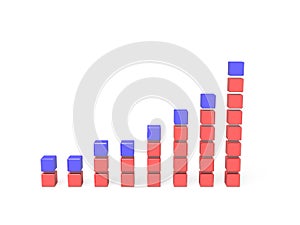 Uptrend bar chart made of building blocks. Abstract concept representing growth and increase. red and blue. 3D rendering. white
