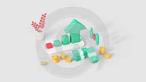 Uptrend chart and cash isometric view 3D render illustration