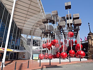 Upward moving objects on Downward force ,they are monumental installations consisting of fibreglass buoys and weights.