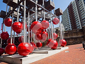 Upward moving objects on Downward force ,they are monumental installations consisting of fibreglass buoys and weights.