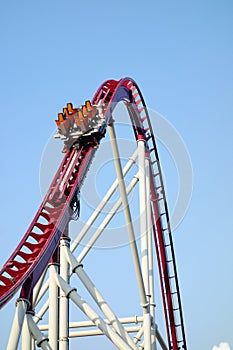 Vacant roller coaster car going upward at full speed