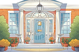 upward shot of a colonial revival entrance with a fanlight and white pillars, magazine style illustration