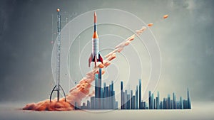 An upward trend on an abstract growth chart, with a futuristic rocket poised to launch into the forefront of business. photo