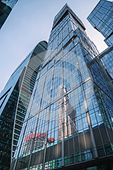 Upward view of City of Capitals skyscrapers in business center of Moscow City. Moscow. Russia