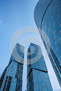 Upward view of City of Capitals skyscrapers in business center of Moscow City. Moscow. Russia