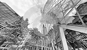 Upward view of London City skyscrapers, London