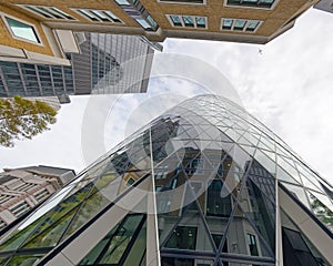 Upward view of London City skyscrapers, London