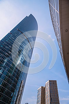 Upward view of modern skyscrapers in business center of Moscow City. Moscow. Russia