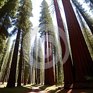 Upward view of pine forest at daybreak