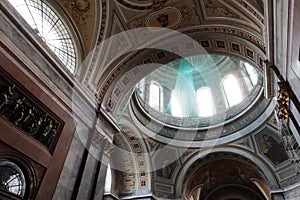 Upward view on round dome on top of Primatial Basilica of the Blessed Virgin Mary Assumed Into Heaven and St Adalbert in Esztergom