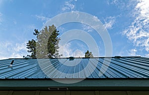 An upward view of a standing seam metal roof photo