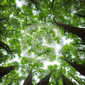 Upward view of tree canopies with sunlight filtering through lush green leaves