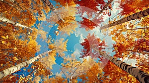 Upward view of vibrant autumn leaves against a clear sky. nature's color palette in fall. perfect for seasonal