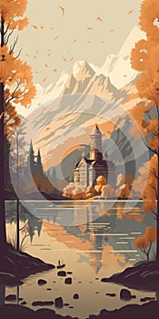 Upwelling Vector Illustration With Alpine Mountains And Palace On Lake photo