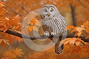 Ural Owl, Strix uralensis, sitting on tree branch, at orange leaves oak forest, Sweden