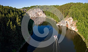 Ural river Iset, with a rocky forest shore, Russia