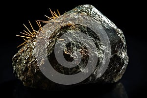 Uralite fossil mineral stone. Geological crystalline fossil. Dark background close-up.