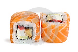 Uramaki maki sushi, two rolls isolated on white