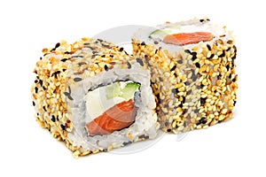 Uramaki maki sushi, two rolls isolated on white