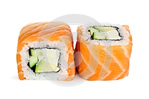 Uramaki maki sushi, two rolls isolated on white photo