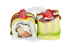 Uramaki maki sushi, two rolls on white photo