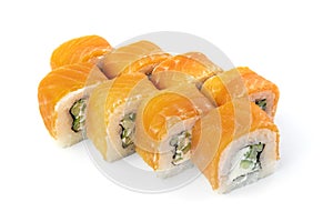 Uramaki. Philadelphia classic isolated on white background. Salmon, Philadelphia cheese, cucumber, avocado, tobiko