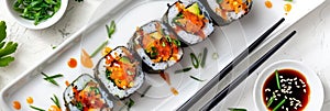 Uramaki sushi rolls, brown spicy sauce, green onions top view on white plate, nori maki, futomaki set