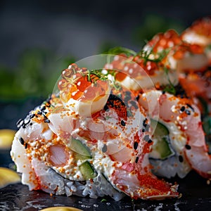 Uramaki sushi rolls with cream cheese, snow crab, cucumber, flying fish caviar, mayonnaise, lemonillustration photo