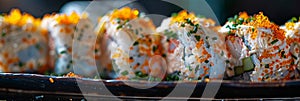 Uramaki sushi rolls with cream cheese, snow crab, cucumber, flying fish caviar, mayonnaise, lemonillustration photo