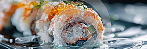 Uramaki sushi rolls with cream cheese, snow crab, cucumber, flying fish caviar, mayonnaise, lemonillustration photo