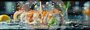 Uramaki sushi rolls with cream cheese, snow crab, cucumber, flying fish caviar, mayonnaise, lemonillustration photo
