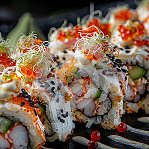 Uramaki sushi rolls with cream cheese, snow crab, cucumber, flying fish caviar, mayonnaise, lemonillustration photo