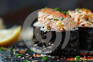 Uramaki sushi rolls with cream cheese, snow crab, cucumber, flying fish caviar, mayonnaise, lemonillustration photo