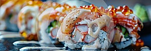 Uramaki sushi rolls with cream cheese, snow crab, cucumber, flying fish caviar, mayonnaise, lemonillustration photo