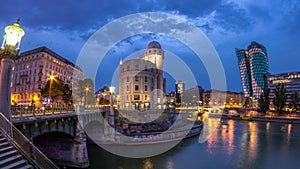 Urania and Danube Canal day to night timelapse in Vienna.