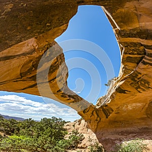 Uranium Arch in Moab Utah against a blue sky