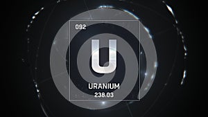 Uranium as Element 92 of the Periodic Table 3D illustration on silver background