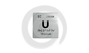 Uranium element on a metal periodic table on white background. 3D rendered icon and illustration